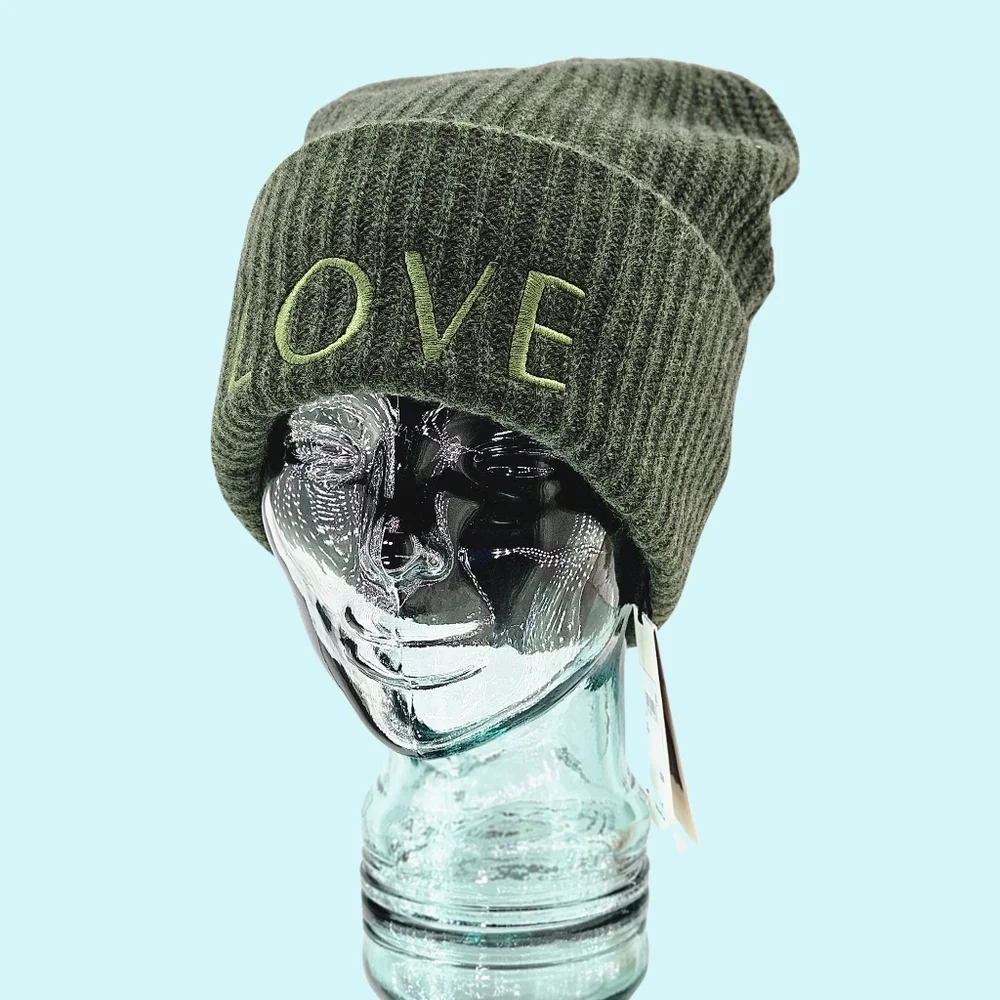 LITA by Ciara Hat Beanie Olive 100% Recycled Cashmere Love Embroidered Cottage